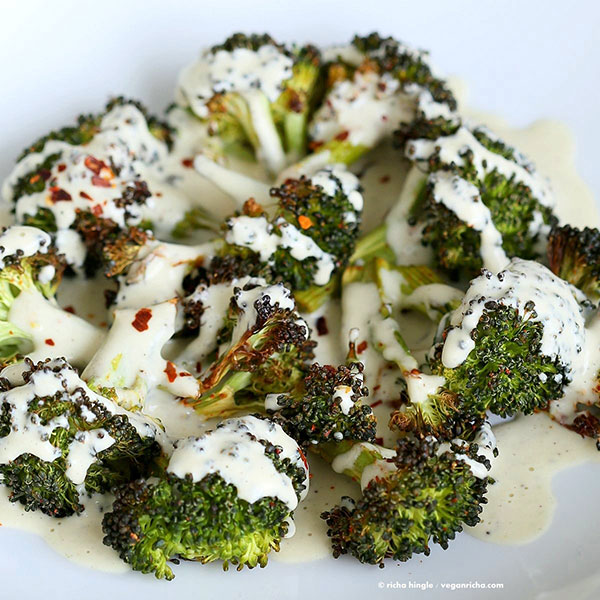 Roasted Broccoli with Creamy Basil Dressing