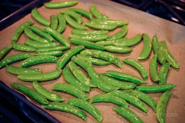 Sugar snap peas on a baking sheet