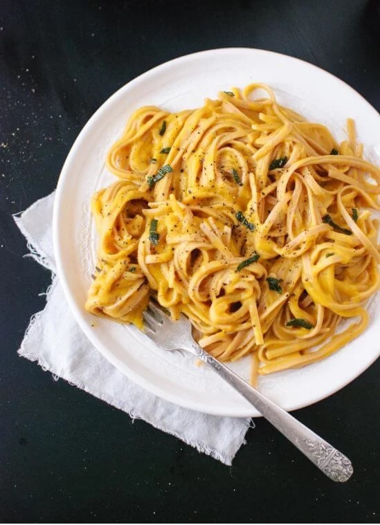 Vegan Thanksgiving Main Dishes: Creamy Vegan Butternut Squash Linguine with Fried Sage 