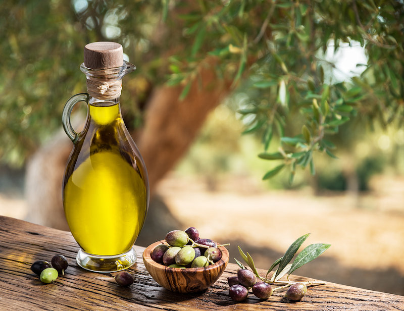 Bottle of olive oil and olive berries are on the wooden table under the olive tree.