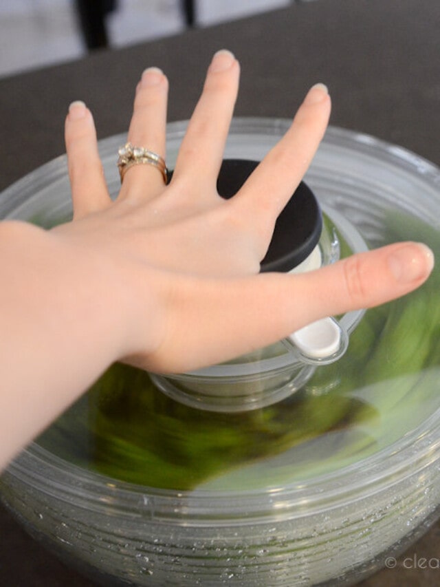 Woman's hand pressing down on salad spinner