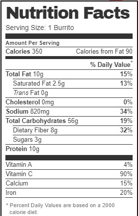 Taco Bell Nutrition Facts for 7-Layer Burrito (Vegan Version)