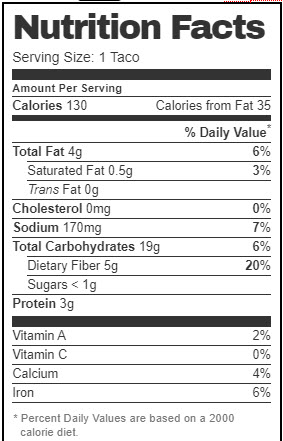  Taco Bell Nutrition Facts for Black Bean Taco (Vegan Version with Pico de Gallo) 