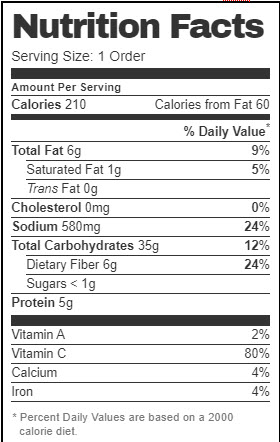 Taco Bell Nutrition Facts for Black Beans & Rice (Vegan Version with added Red Sauce and Premium Guacamole)