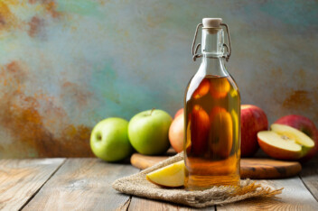 Bottle of apple organic vinegar or cider on wooden background