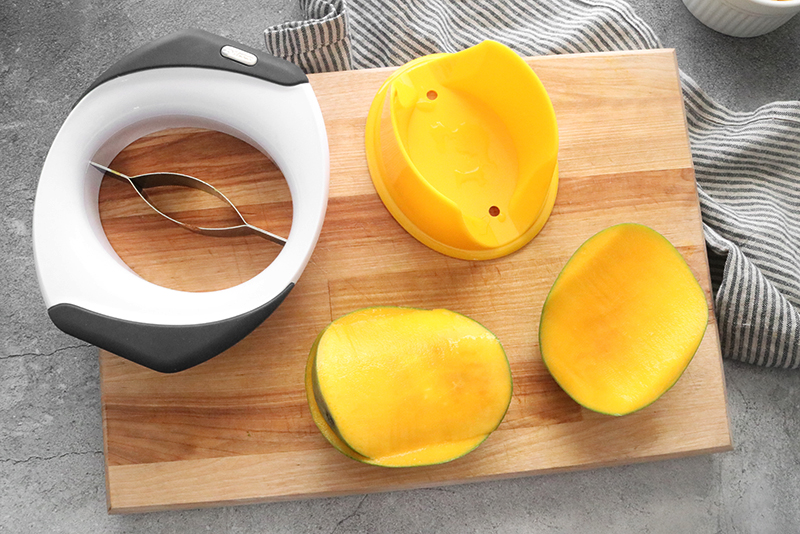 a mango that's been cored with a mango slicer
