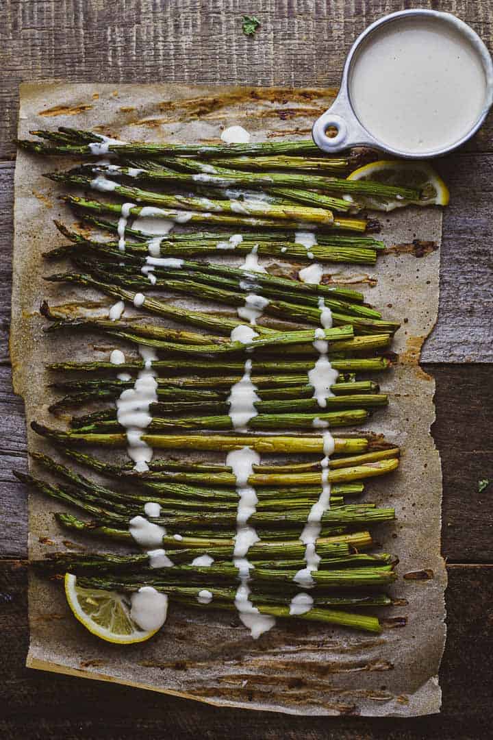 Oven Roasted Asparagus with Lemon Tahini Sauce