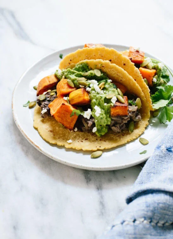 sweet potato and black bean tacos with avocado-pepita dip