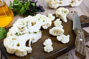 Cauliflower On A Cutting Board. A Beautiful Cut Of Cauliflower.