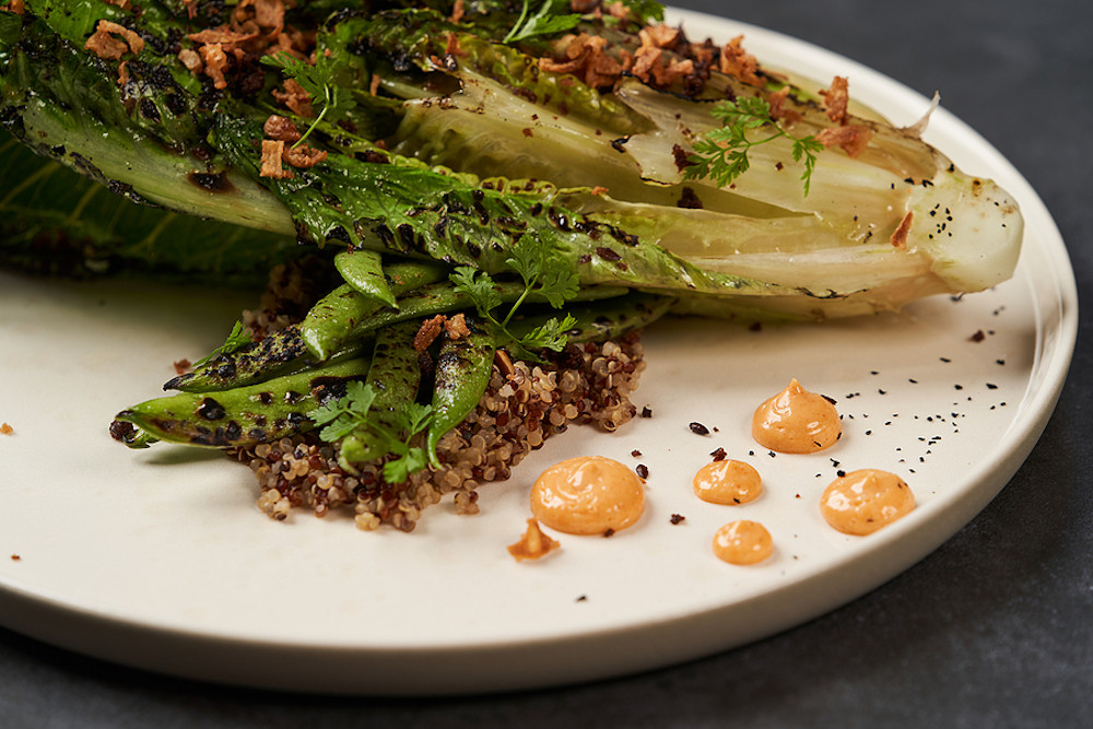 Grilled Romaine with green beans, quinoa and smoked paprika sauce