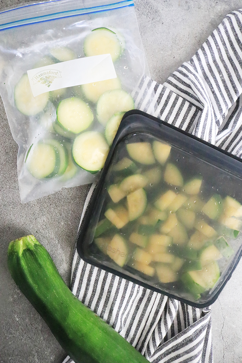 freezing zucchini in freezer bags or plastic containers