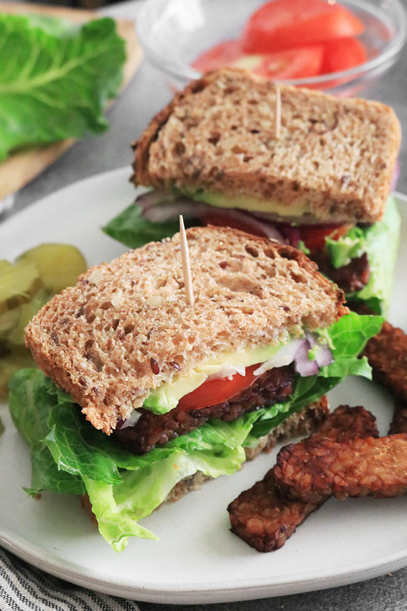 Vegan BLT with tempeh bacon on a plate