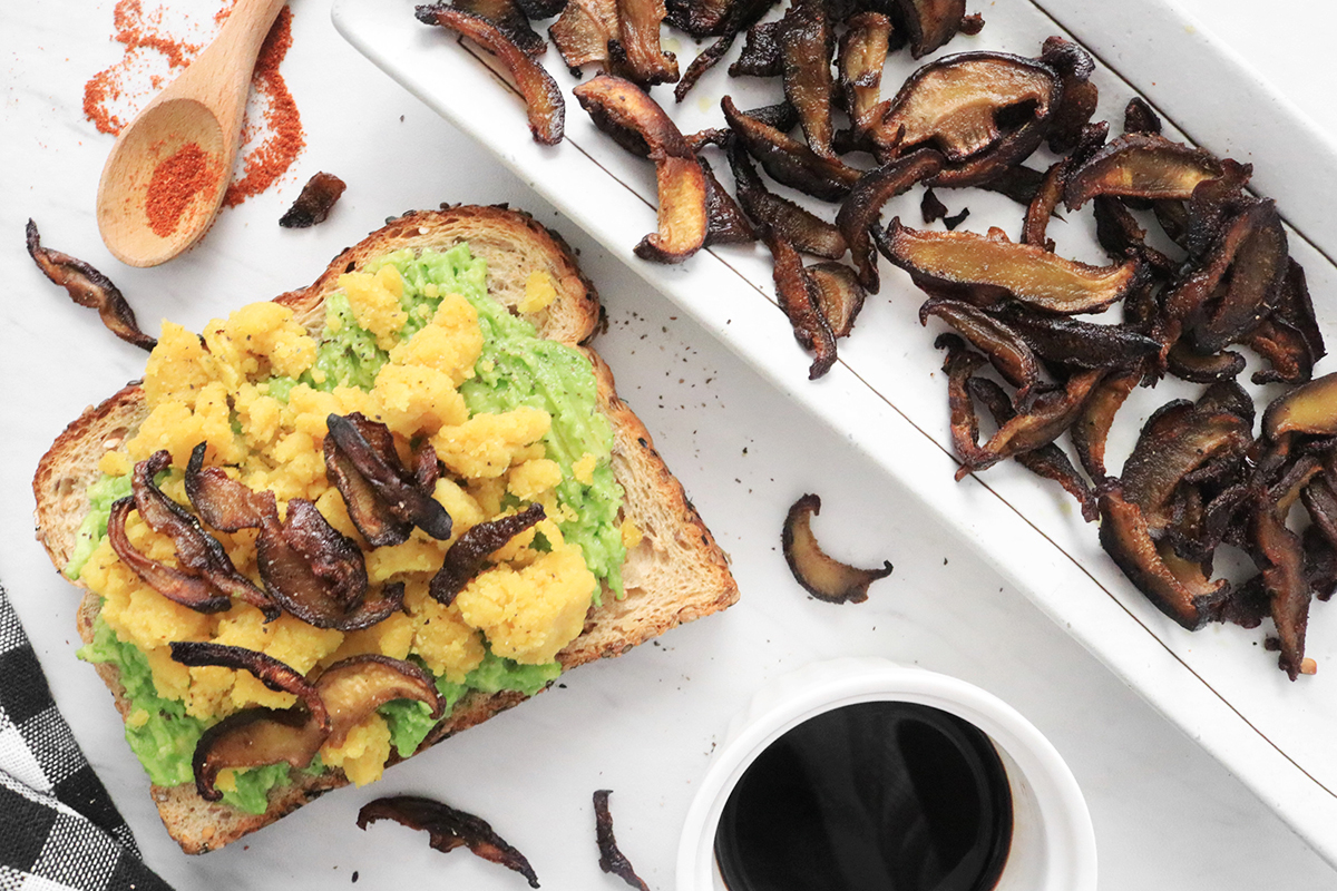 Shiitake mushroom bacon on a vegan egg sandwich