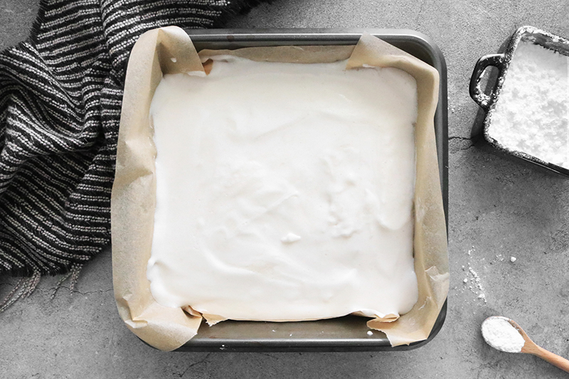 vegan marshmallows chilled in a pan