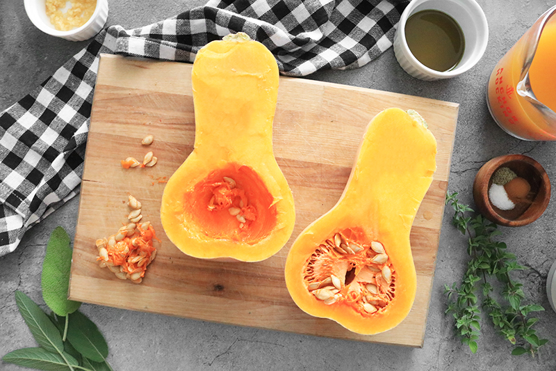 Butternut Squash on a cutting board with seeds removed