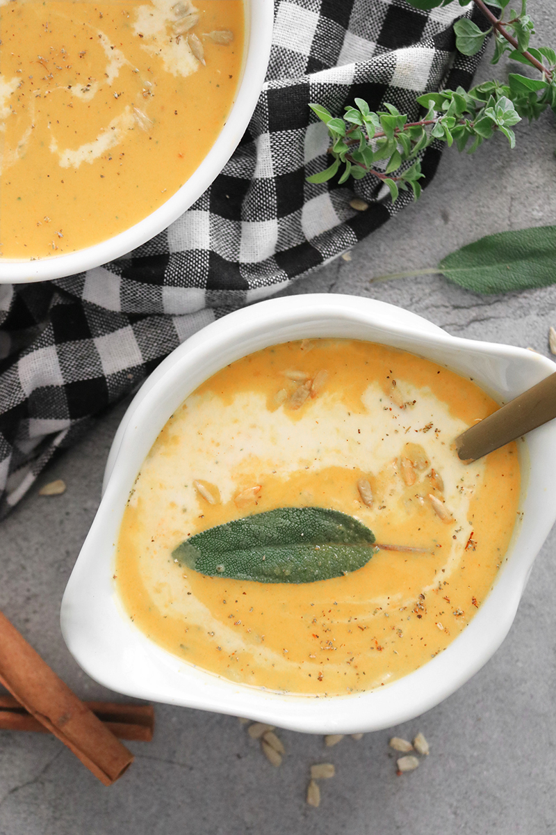 Roasted Butternut Squash Soup with a sage leaf