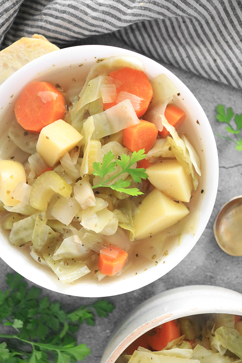 Vegan Cabbage Soup in a white bowl