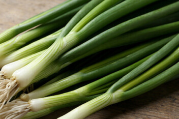 fresh green onions on wooden table