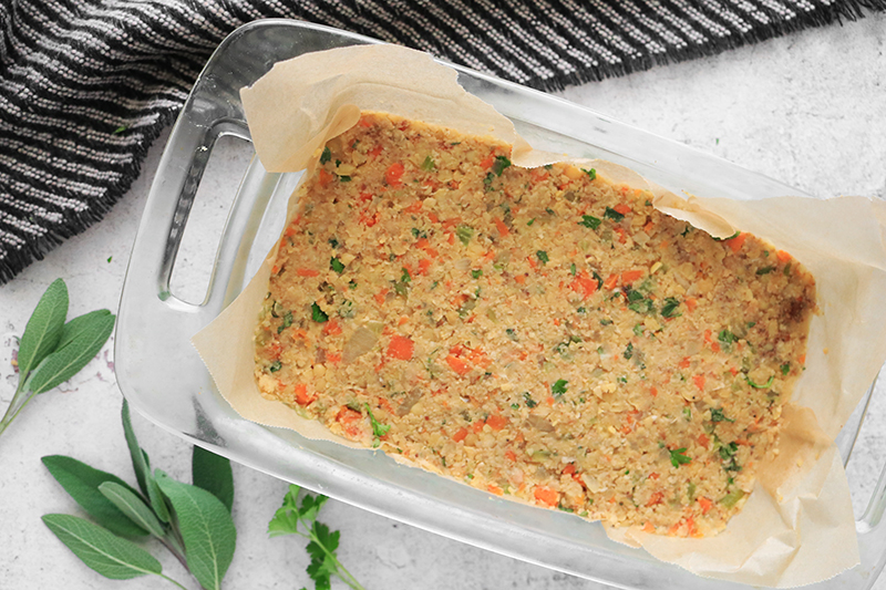 Vegan Meatloaf in a glass baking dish