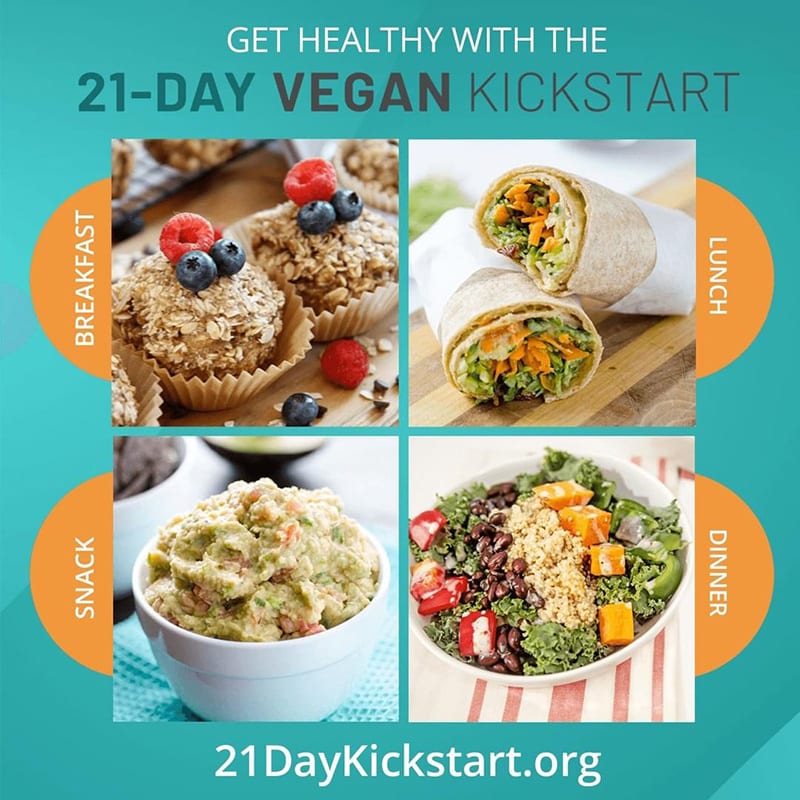 Graphic with photos of a vegan breakfast, lunch, snack, and dinner, with the text: Get healthy with the 21-Day Vegan Kickstart.