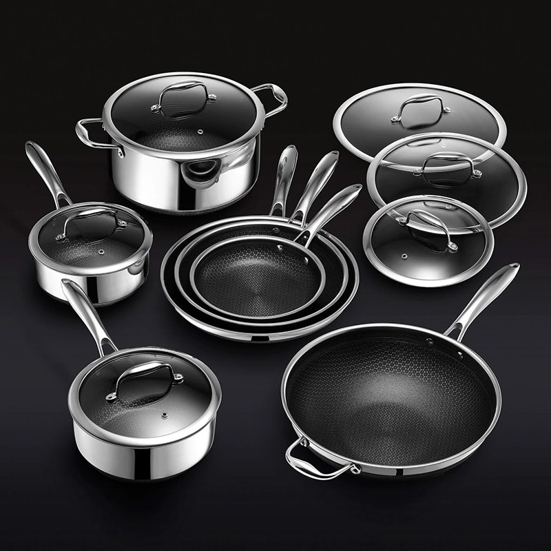 Hexclad 13-piece set of pots and pans.