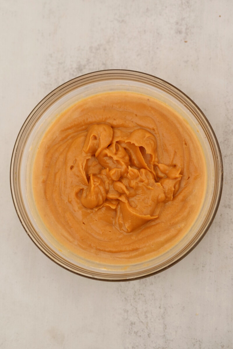 Vegan sweet potato pie filling in a glass bowl.