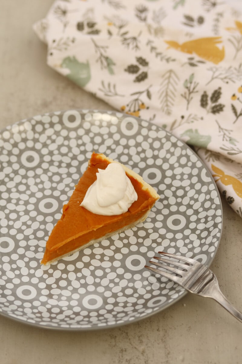 A single slice of vegan sweet potato pie with coconut whipped cream.