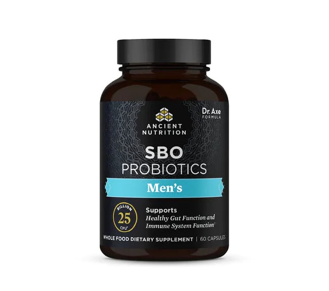 A dark colored bottle of Ancient Nutrition's SBO Probiotics for Men containing 60 capsules.