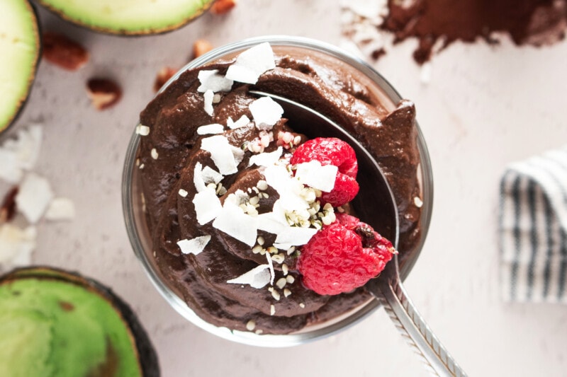 Avocado chocolate pudding in a glass.