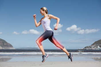 A digital drawing of a woman running on the beach, with an image of leg bones overlaid on the image.