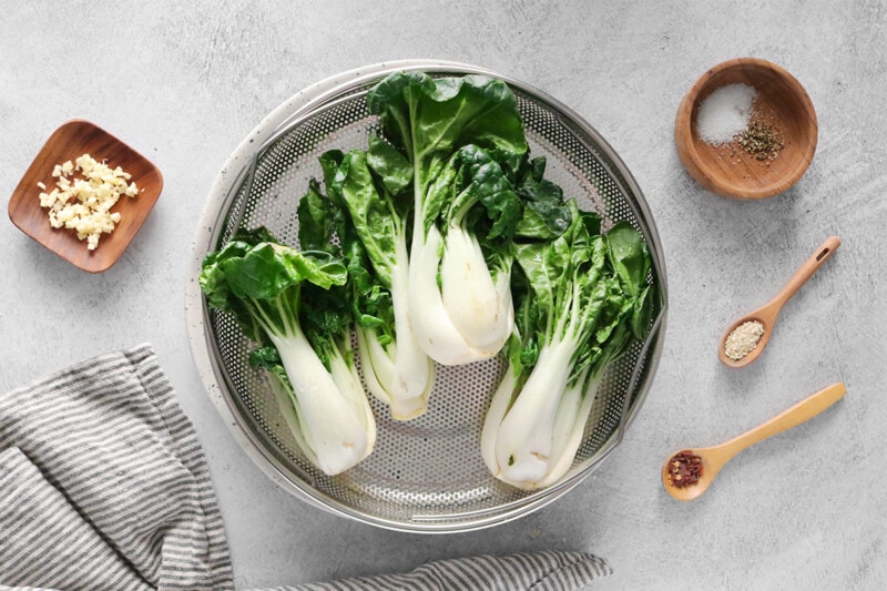Bok choy in a strainer