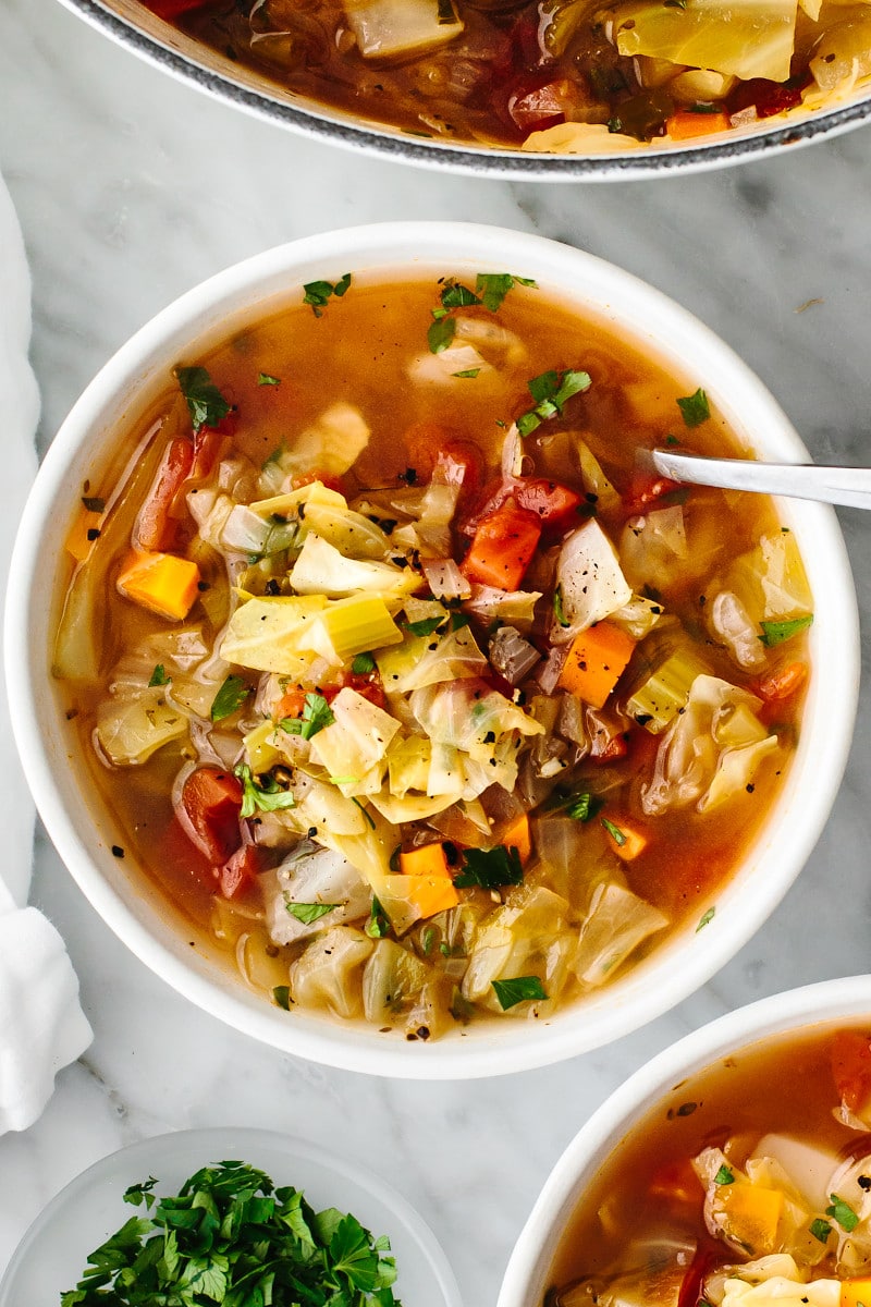 Classic Cabbage Soup in a white bowl