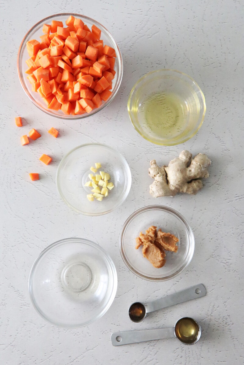 Carrot ginger dressing ingredients: carrots, ginger, miso paste, rice vinegar, olive oil, sesame oil, agave nectar.