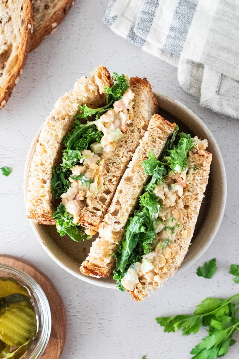Chickpea salad sandwich with kale.