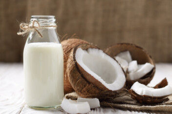 Coconut Milk in a glass bottle with coconuts on a table