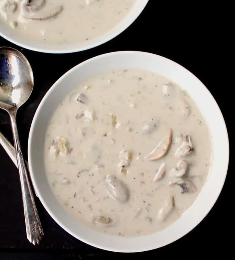 Vegan cream of mushroom soup in a bowl.