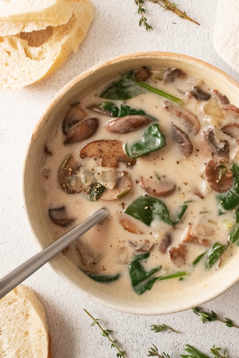 Creamy vegan mushroom soup in a bowl.