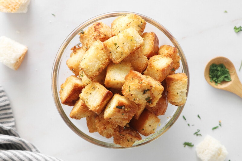 Vegan croutons in a bowl.