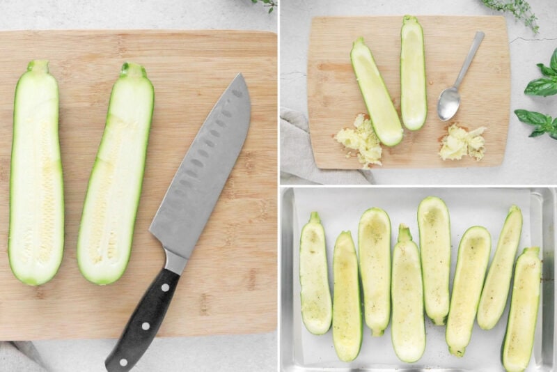 Cutting and scooping zucchini on a cutting board