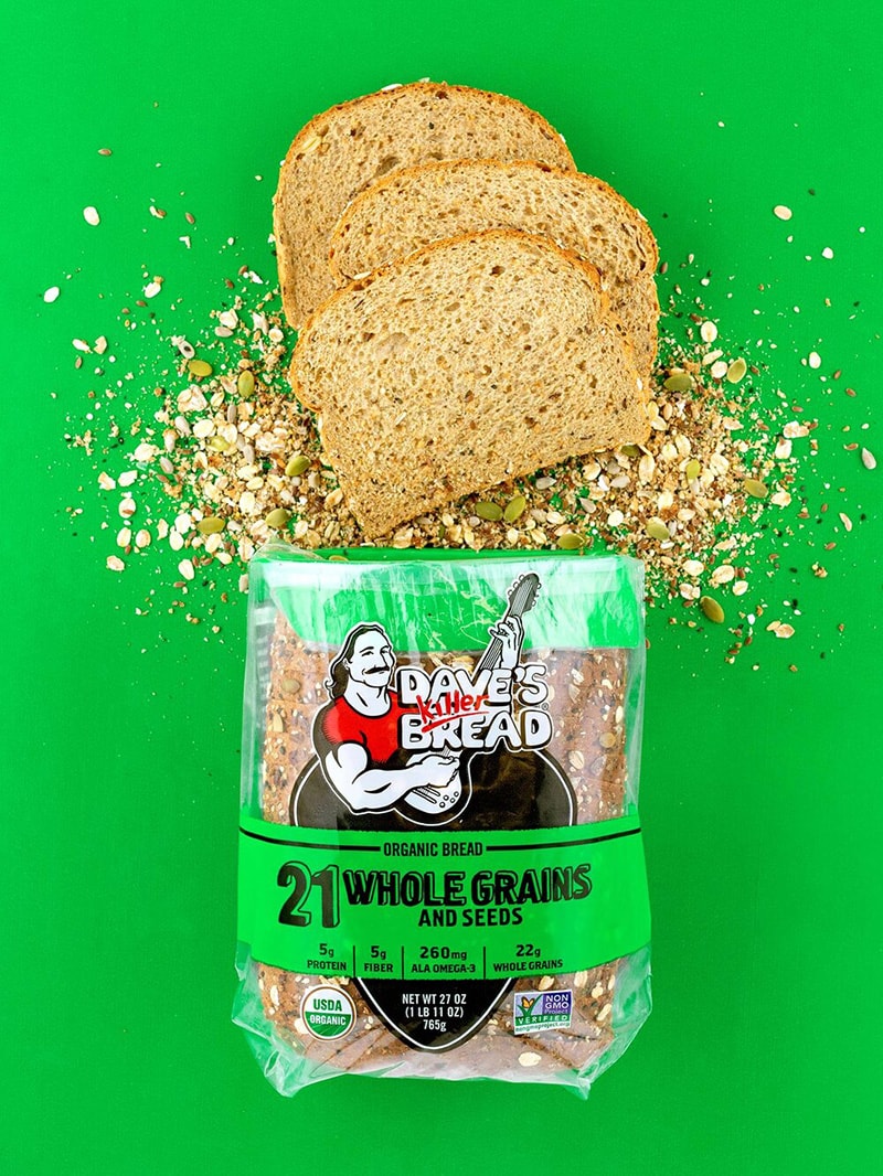 A loaf of Dave's Killer Bread in 21 Whole Grains and Seeds.