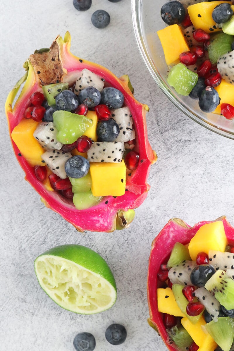 Dragon Fruit Salad in dragon fruit peel cups.