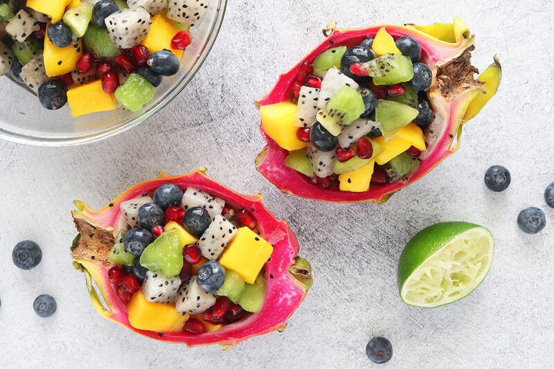 Dragon Fruit Salad served in hollowed out dragon fruit peel.