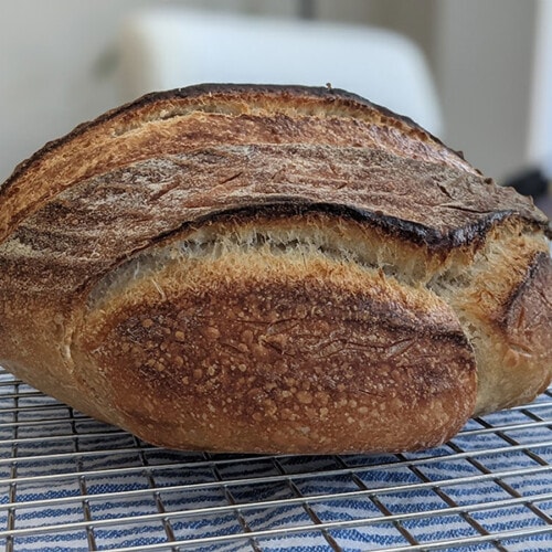 Homemade vegan sourdough bread boule loaf.