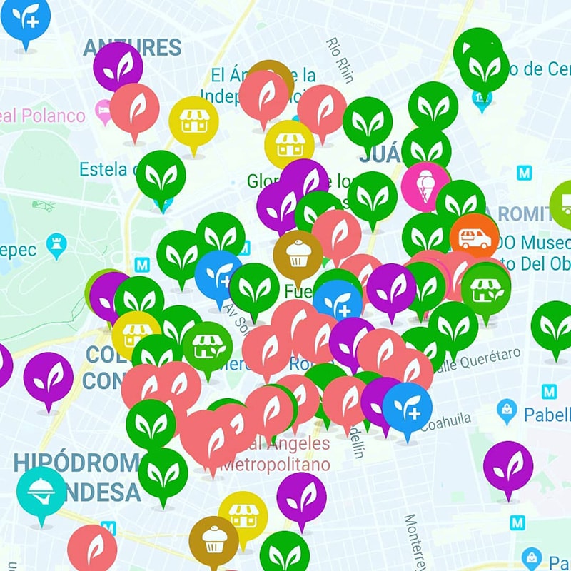 A map displaying restaurant locations that sell vegan and vegetarian food.