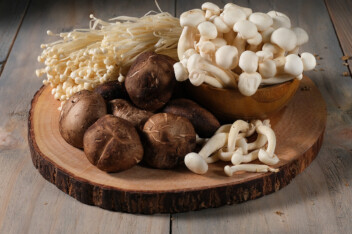 Various types of gourmet, homegrown mushrooms on a wooden cutting board.