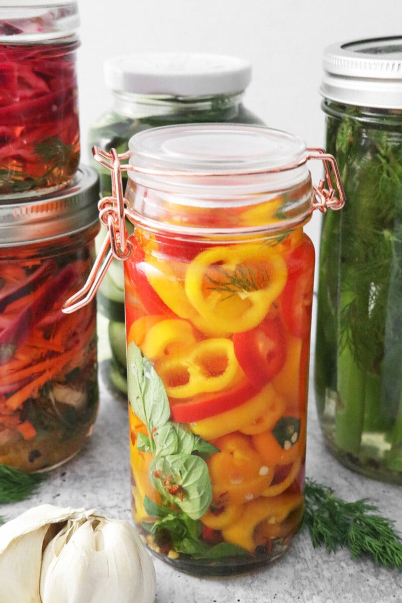 Jars of quick pickled vegetables, including sliced sweet peppers, red onions, carrots, and asparagus.
