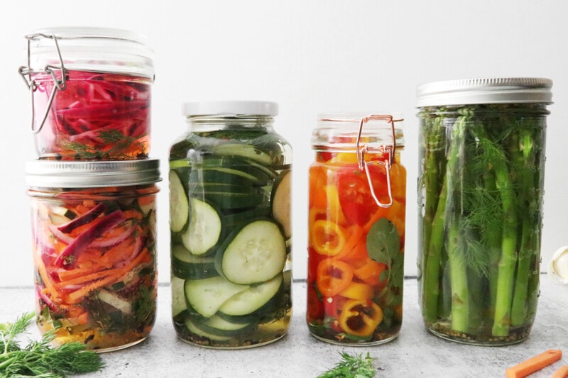 Jars of quick pickled vegetables.
