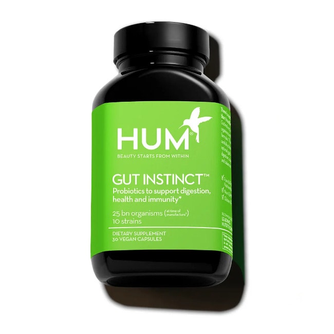 A dark bottle with green label and white lettering containing 30 vegan capsules of Hum Gut Instinct probiotic supplement.