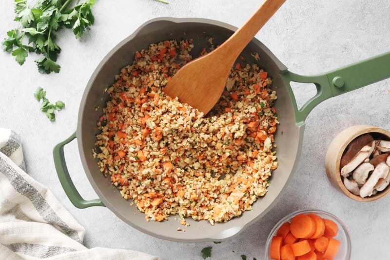 Tempeh mixture in a skillet.