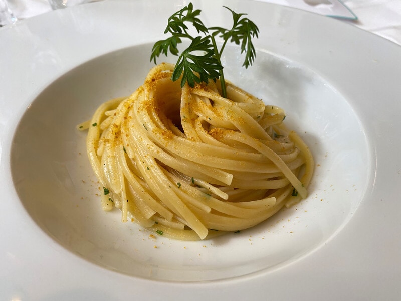 Linguine Pasta in a white dish.